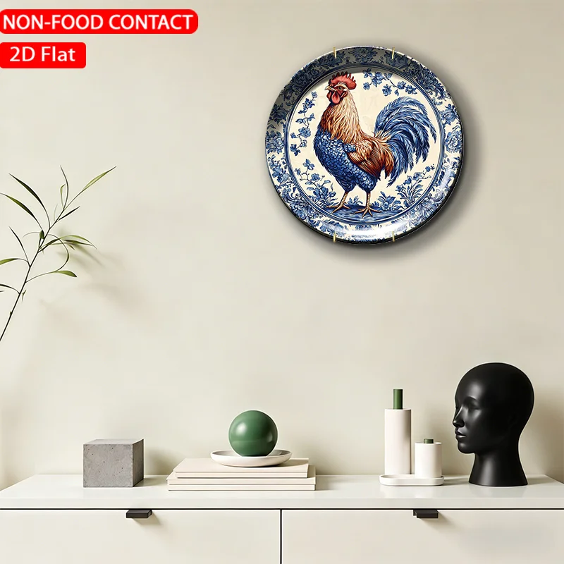 1pc Ceramic Decorative Plate, Blue Rooster Floral Art Decorations, Wall Home Decor- for Decorative Purposes Solely, NON-FOOD