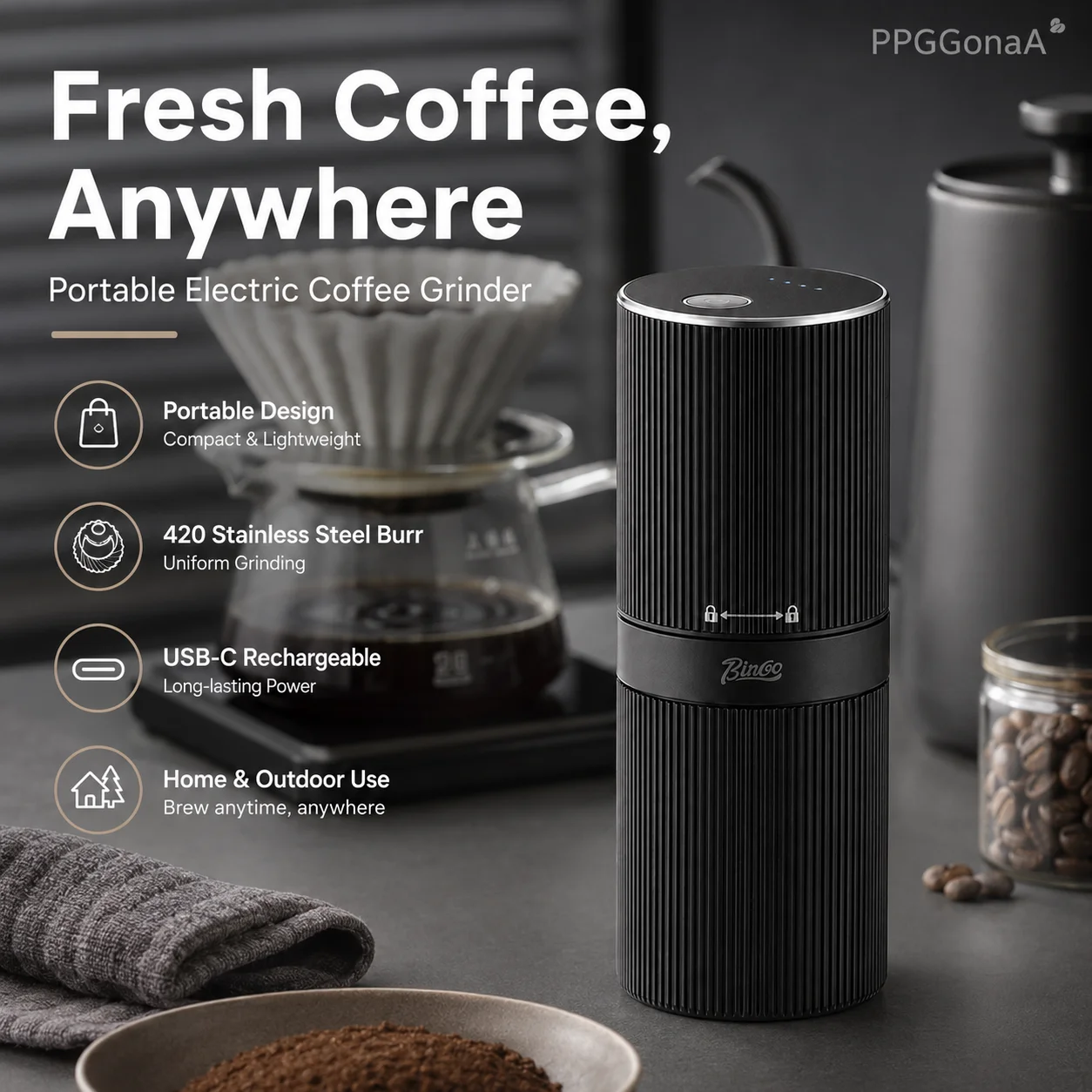 Portable Electric Coffee Grinder USB-C Rechargeable 420 Stainless Steel Burr Adjustable Grind Telescopic Travel Grinder