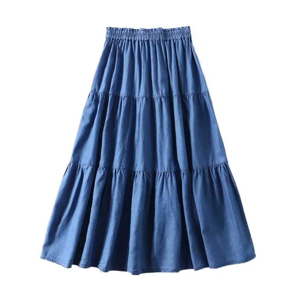 

Women' Pleated Denim ruffled skirts 2024 Spring Autumn High Waist brand cotton skirts Vintage skirt