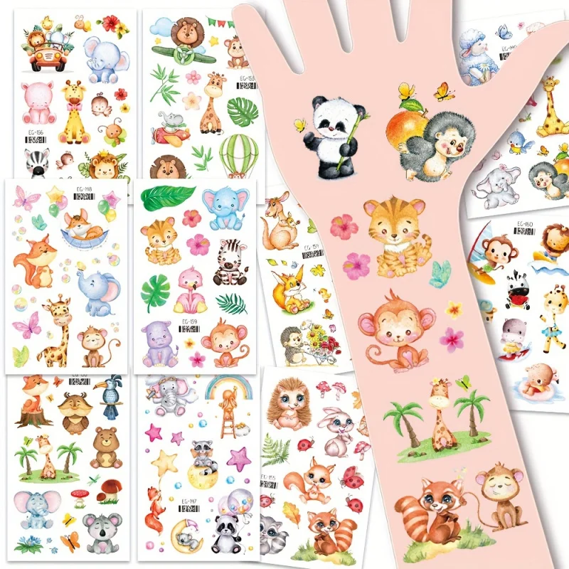 12 Sheets Glitter Zoo Animal Temporary Tattoo Stickers, Cartoon Lion Tiger Panda Giraffe Elephant Hedgehog Monkey Zebra Rabbit S