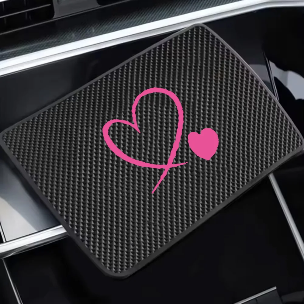 Car Anti-Slip Mat Pink Double Heart Design Phone and Key Storage Rack Dashboard Adhesive Magic Mat Center Console Storage Mat Car Interior Accessories