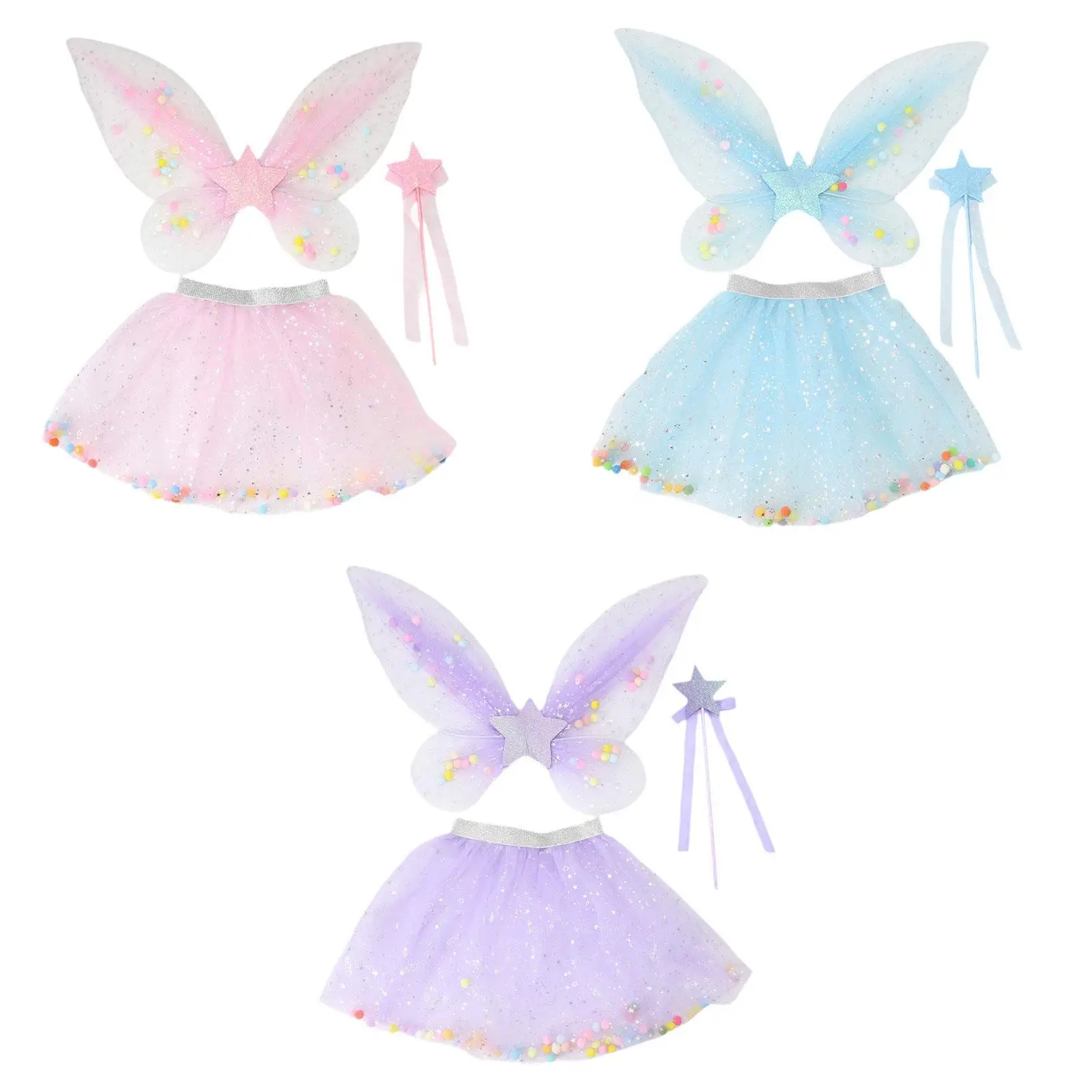 3x Girls Fairy Wings Tutu Skirt and Wand Set Stage Show Butterfly Costumes