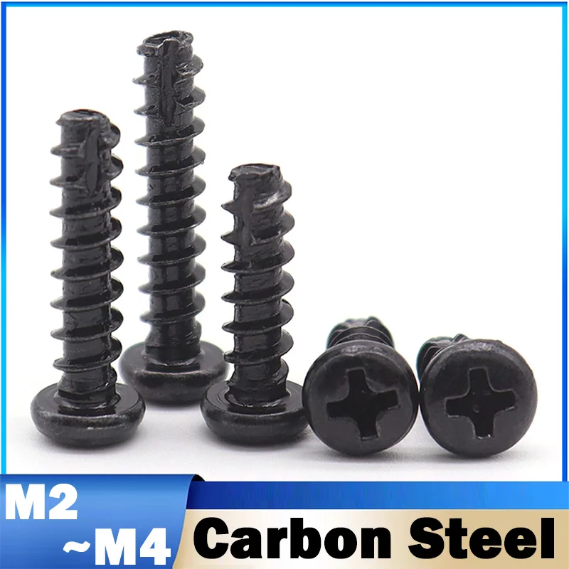 M2 M2.3 M2.6 M3 M4 Black Zinc Plated Steel Pan Round Head Self Tapping Wood Screw Tail-Cut Phillips Cross Recessed