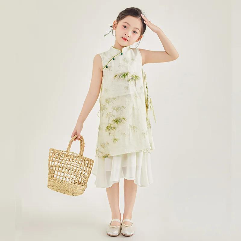 

2024 Summer Junior Girl One-piece Dress Teenager Girl Bamboo Printed Sleeveless Dress School Girl Lace Gauze Cheongsam Dress