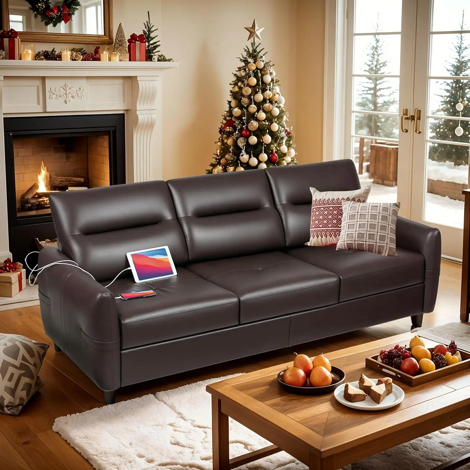 Sthouyn 85” Faux Leather Sofa Black Leather Couch With Usb, Mid Century Modern 3 Seater Couches Sofas Living Room, Apartment