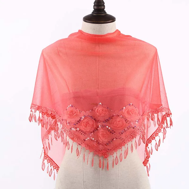 Korean Women\'s Triangle Chiffon Sequin Flower Embroidery Sunscreen Shawl Summer Long Short Sun Protection Ice Silk Scarf  V116