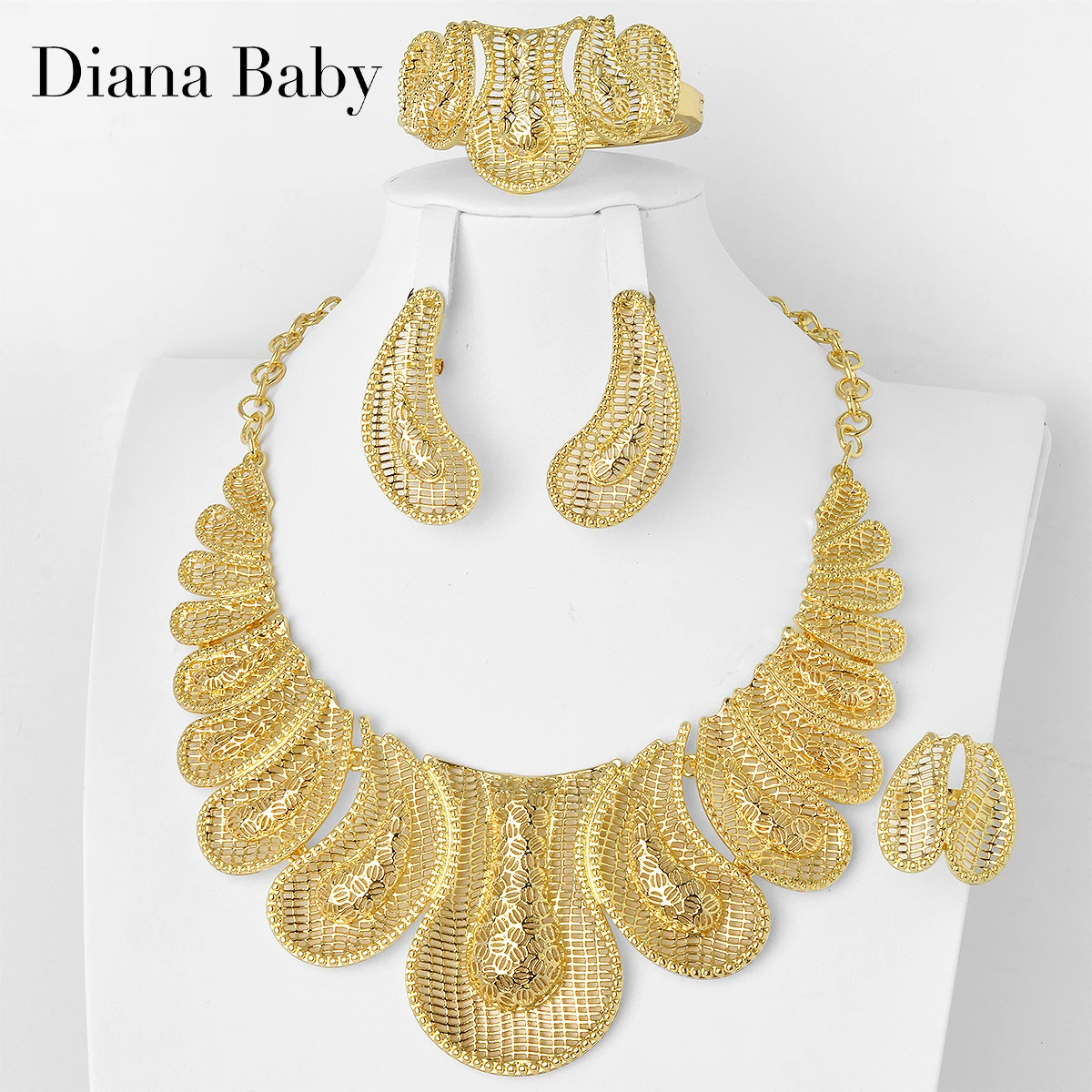 1 Set Dubai Gold Color Jewelry For Women Wedding Dress Decoration Luxury Necklace Earring Bangle Bracelet Ring 2023 New