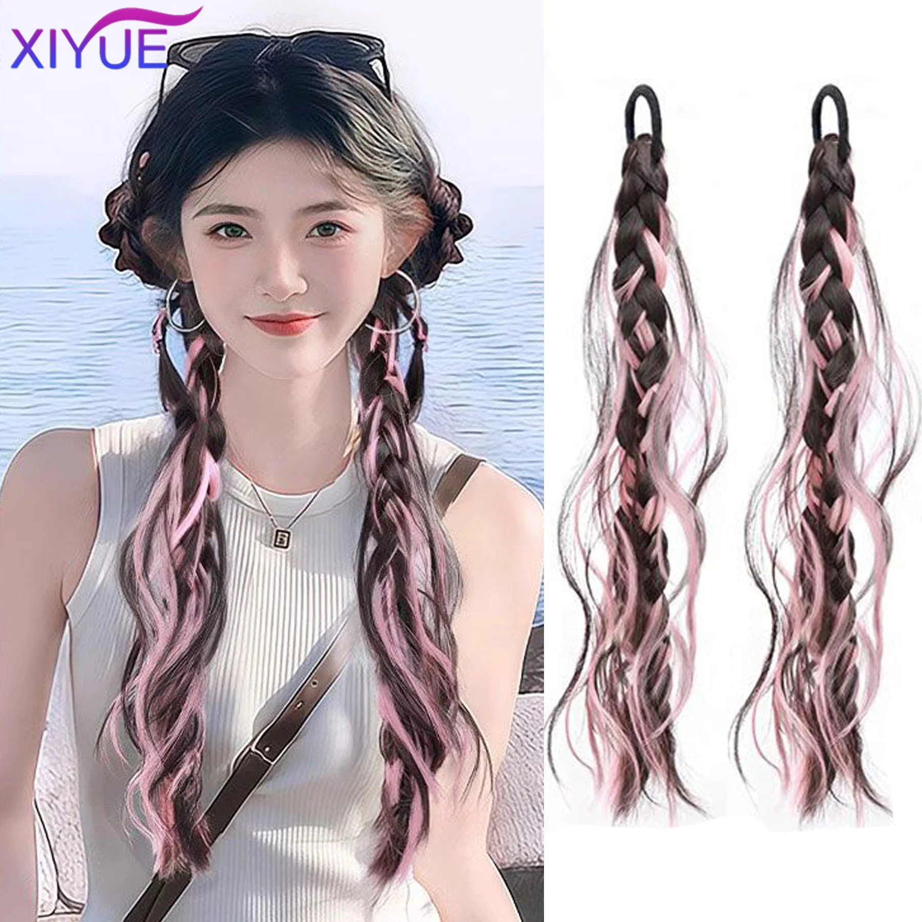 XYSynthetic Long Hair Strap Style Double Horsetail Vigorous Girl Fluffy And Binding Hair Wig Piece Double Horsetail Girl Fluffy