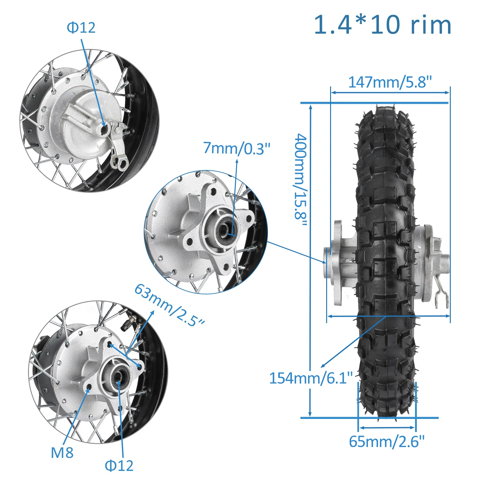 TDPRO 드럼 브레이크 리어 백 타이어 휠 림, CRF50 XR50 더트 피트 자전거 피트, 12mm 베어링 포함, 2.50-10 인치, 1.4x10