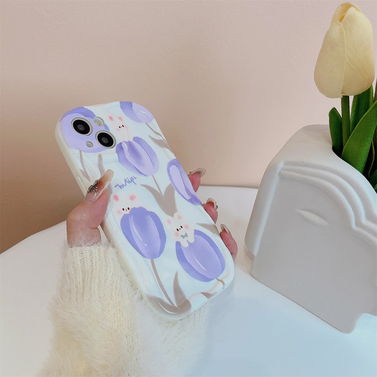 Curled purple tulip rabbit Phone Case For iPhone 14 Plus 7 8 X XS XR 11 12 13 Pro Max Silicone Cases Cover