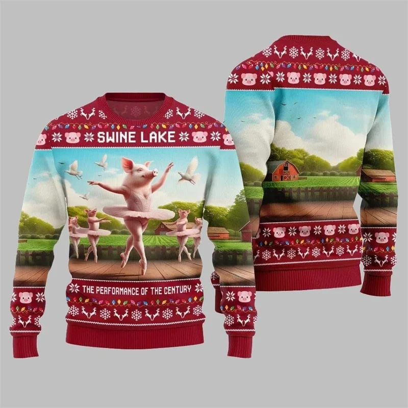 Festival drôle Ballet cochon imprimé laid pull de noël pour hommes femmes col rond sweat-shirt ample Humor ferme Animal pull 2025