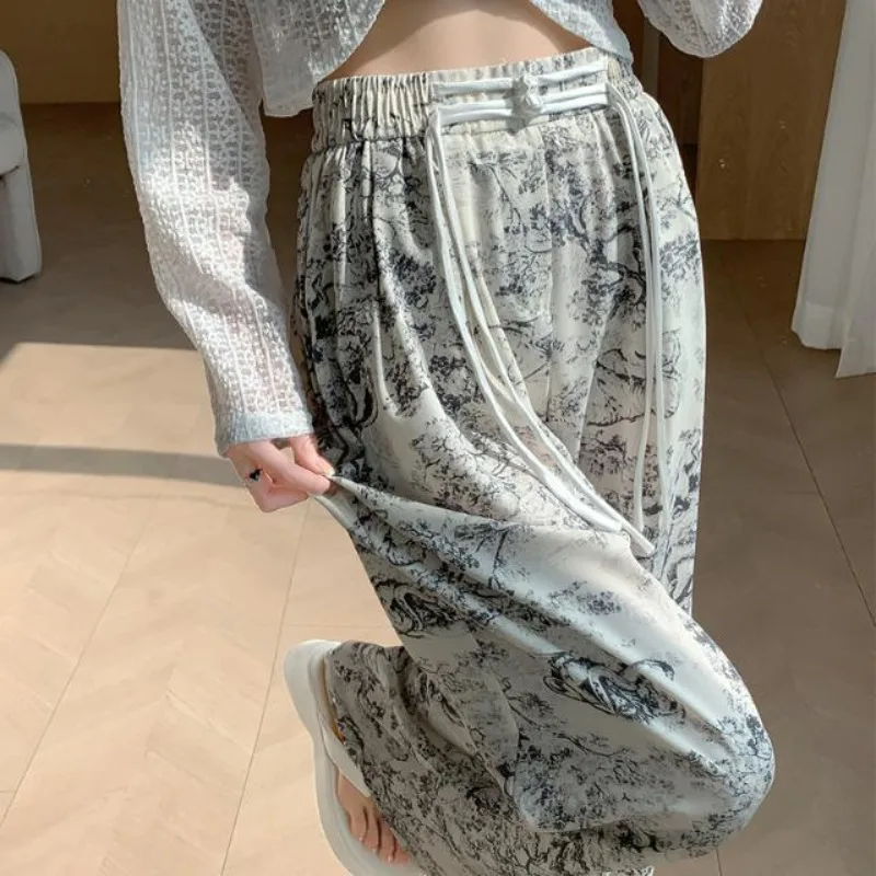 Straight Cylinder Wide Leg Pants Splashing Ink Printing and Dyeing Ice Shreds Female Summer Sagging Sensation Narrow Edition