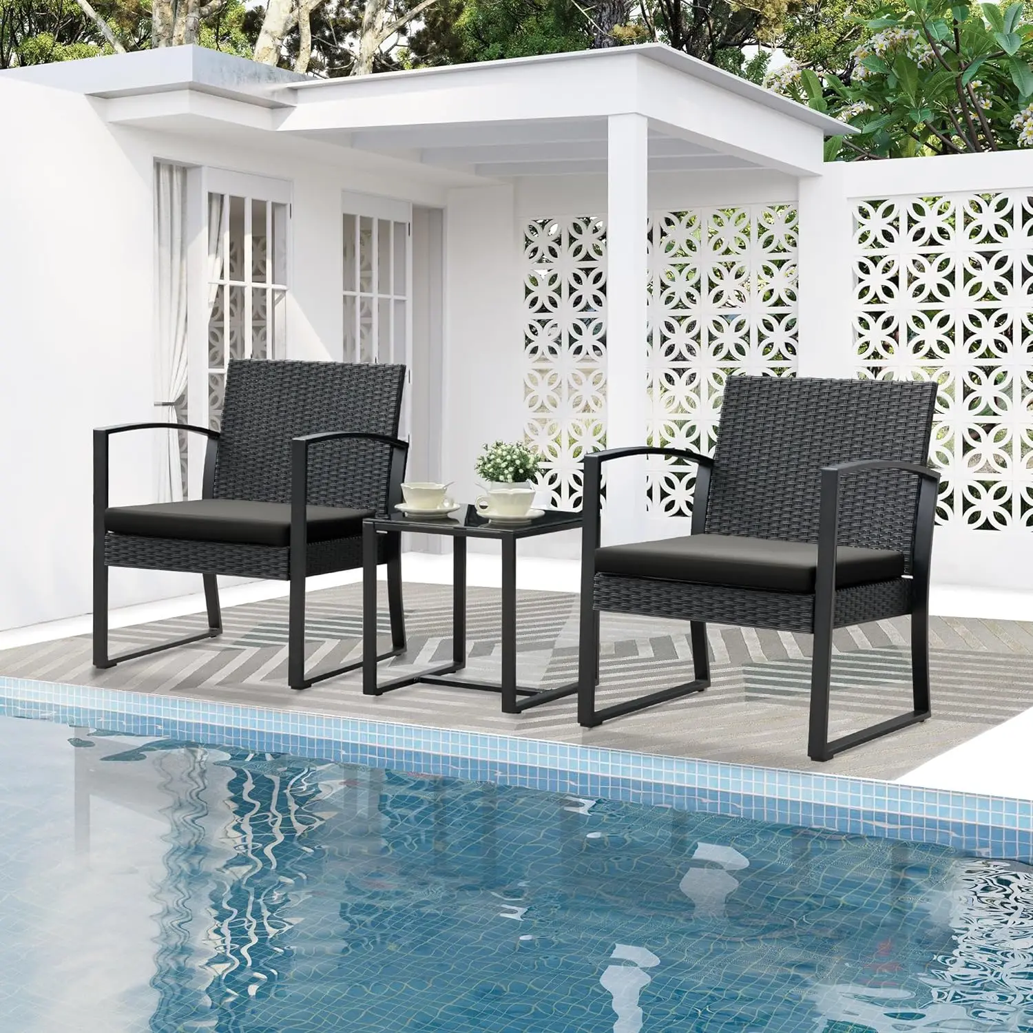 Outdoor Seating Garden Seat with Glass Coffee Table, Black, Pool, Balcony, 3 Pcs/Set