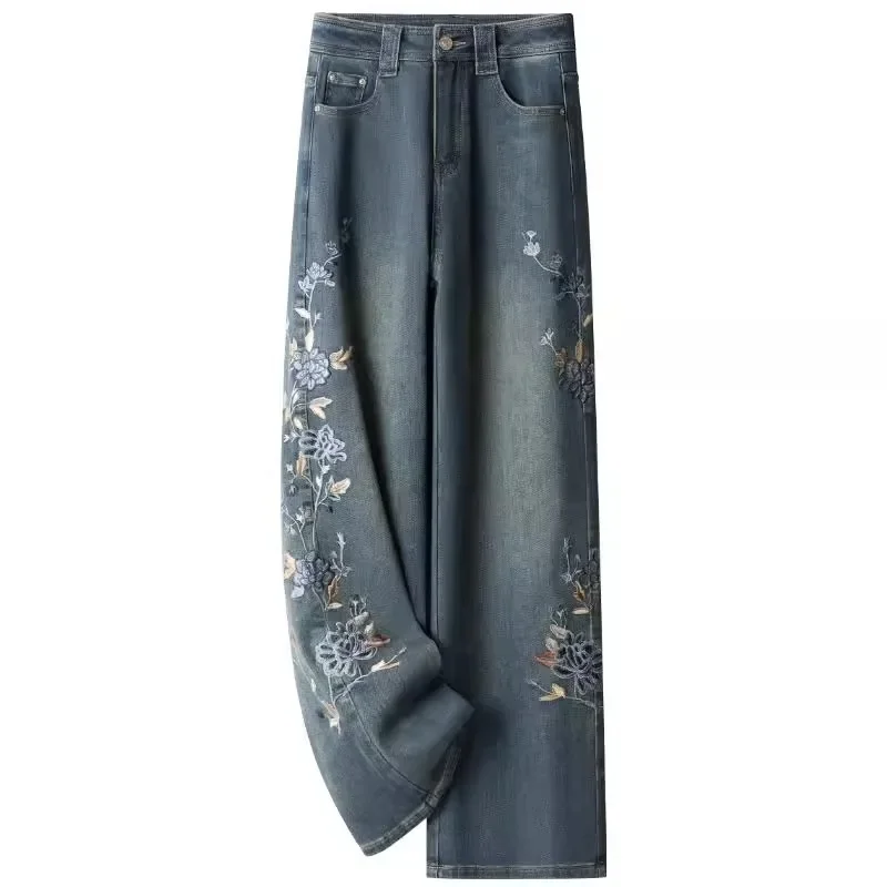 

Wide Leg Pants Jeans Women Embroidery Thick Denims Vintage High Waist Distressed Straight Trousers Autumn Winter Streetwear