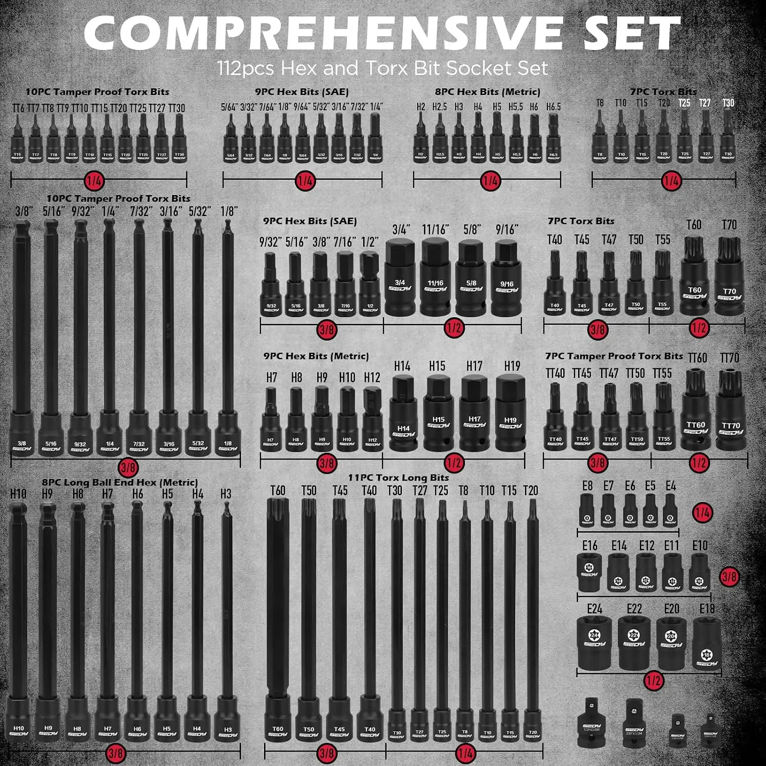112 Piece Torx Allen Bit Socket Set 14 38 12 Drive Quick Release Ratchet Wrench Adapters Extra Long Tamper Proof Hex Ball End E