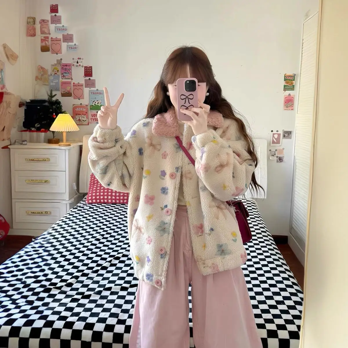 Colorful Floral Lamb Wool Coat for Female Students Autumn and Winter New Style Contrasting Color Collar Cotton Jacket