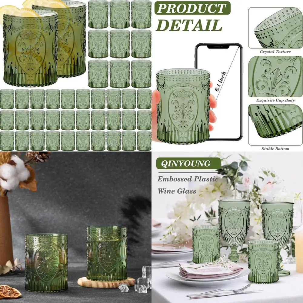 

Vintage 8.5oz Stemless Plastic Wine Glasses - Shatterproof, Reusable for Baby Showers, Weddings & Events (Dark Green)