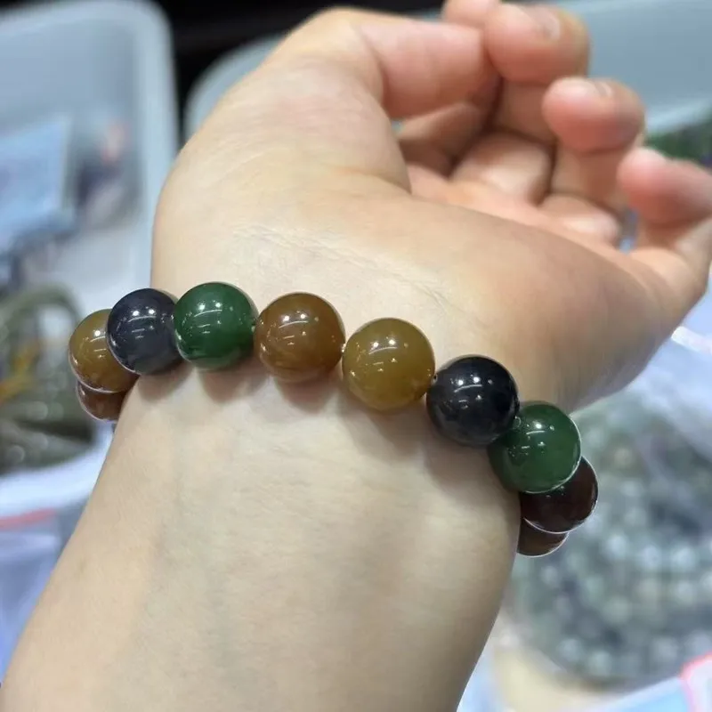 12Mm Hetian Jade Single-Loop Bracelet, Artistic Ethnic Style Beaded, Fashionable And Versatile
