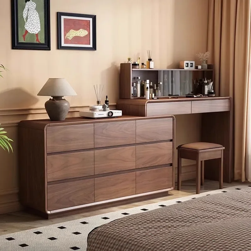2025 New Medieval Solid Wood Dresser Makeup Table Bedroom Bedside Chest Integrated Storage Rack