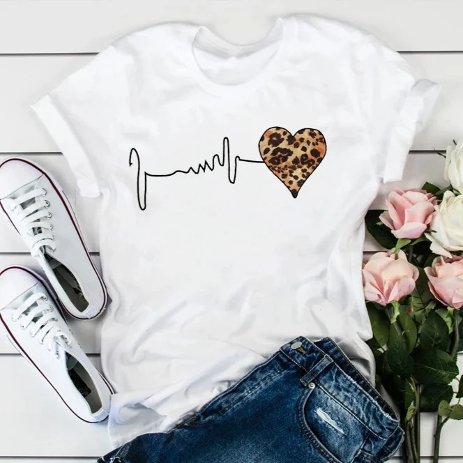 Summer New 90 's Leopard Heartbeat Short Sleeve Print Clothing Women's T-Shirt Harajuku Graphic Clothing Women's Top,Drop Ship