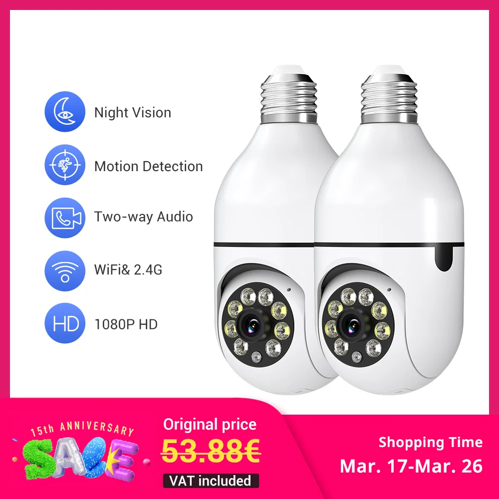 2PC Ease Life APP-Light Bulb Security Cameras Indoor Outdoor Wireless WiFi Camera 2.4GHz, 360 Degree, E27 Light Socket Screw In