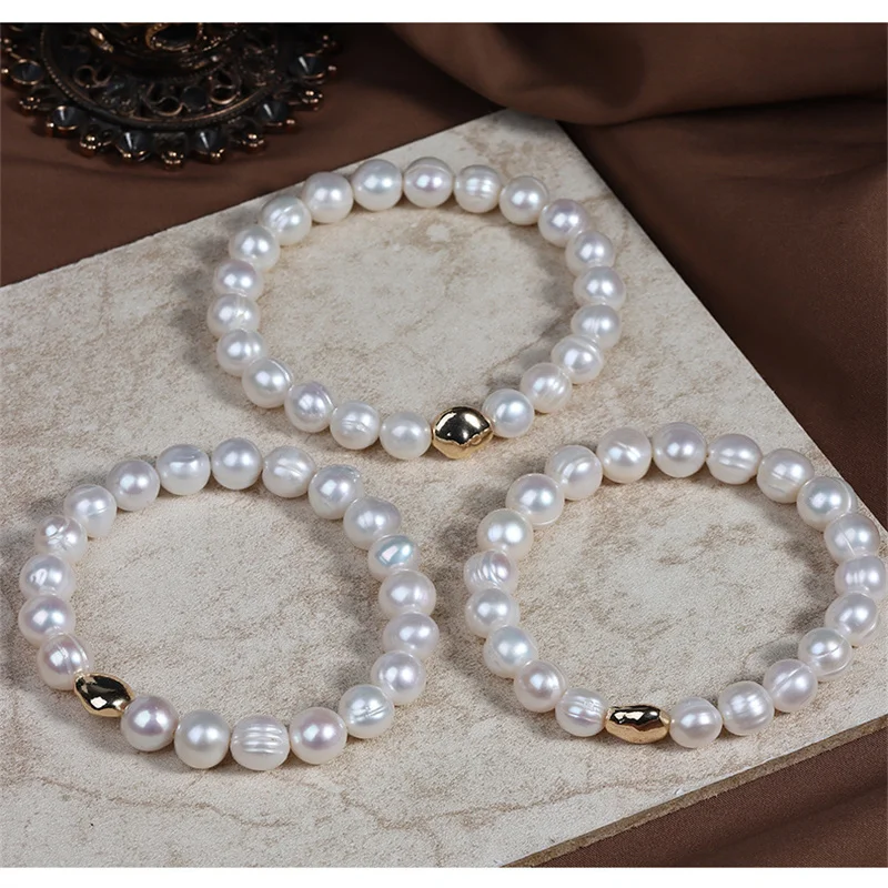 9mm Natural Pearl Bracelet With Special-shaped Thread Simple Versatile Elastic Rope 080217