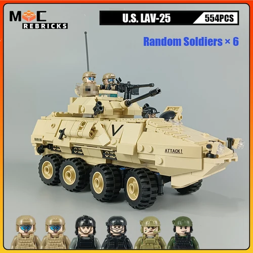 MOC 군사 전쟁 WW2 빌딩 블록 모델, 미국 LAV-25 보병 전투 차량, 도시 SWAT 자동차 벽돌 장난감, 남아용 크리스마스 선물