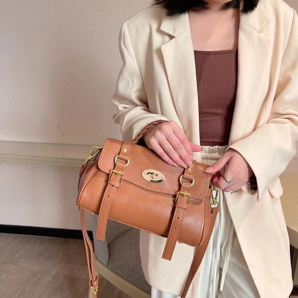 Luxury Retro Cowhide Women Messenger Bag Braid Top Handle Genuine Leather Vintage Female Shoulder Bag Fashion Purse Handbag