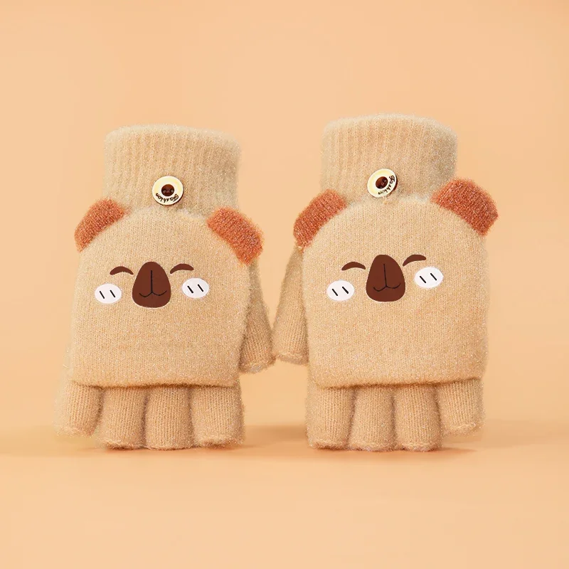 Autumn and Winter Warm Baby Flip Half Gloves for Boys and Girls Aged 5-12 Cartoon Split Finger Five Finger Gloves