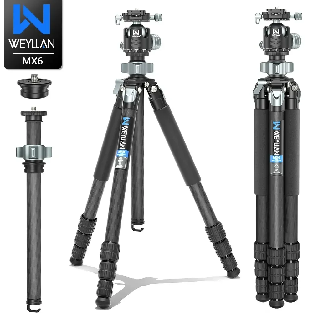 

WEYLLAN MX6 Carbon Fiber Tripod Professional Flexible Travel Camera Tripod 25kg Load Monopod Carbon Fiber Center Column for DSLR