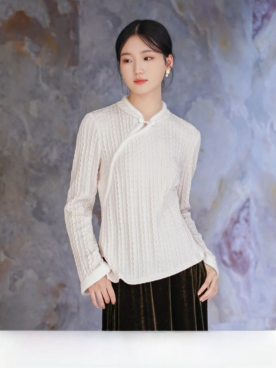 

Original Chinese Sle Slimming Knitted Top with Embroidery Women's Faionable Base Layer Winter Long Sve Cotton irt