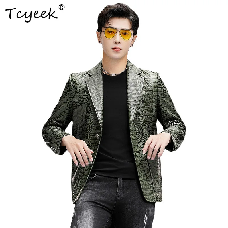 Tcyeek Natural Sheepskin Jackets for Man Crocodile Patterned Suit Mens Leather Jacket Autumn Thin Fashion Coats 2026 Veste Homme