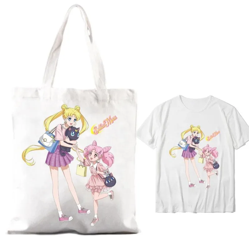 Bilibili S-Sailor Girl Cute M-Moon damskie torebki na ramię para kombinacja ubrań z krótkim rękawem z kołnierzem moda T shirt Man bawełna