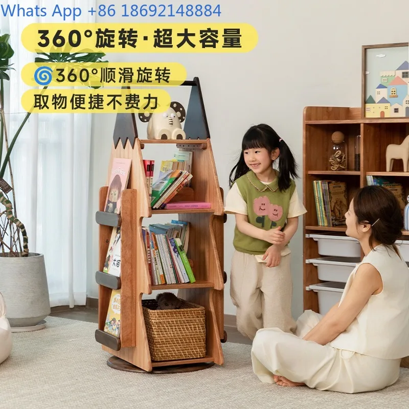 Scaffale girevole a 360 gradi Scaffale per libri illustrati in legno massello Area lettura Libreria Organizzatore di stoccaggio da pavimento per uso domestico