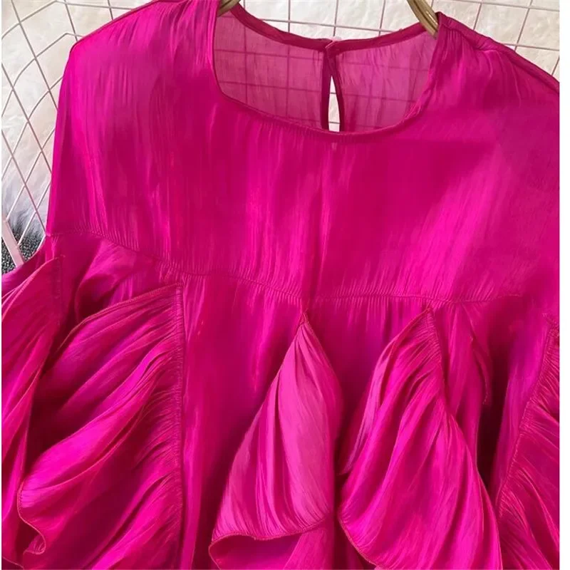 Women Spring Autumn Blouse New European American Vintage Round Neck Ruffle Loose Long Sleeved Foreign Style Irregular Top