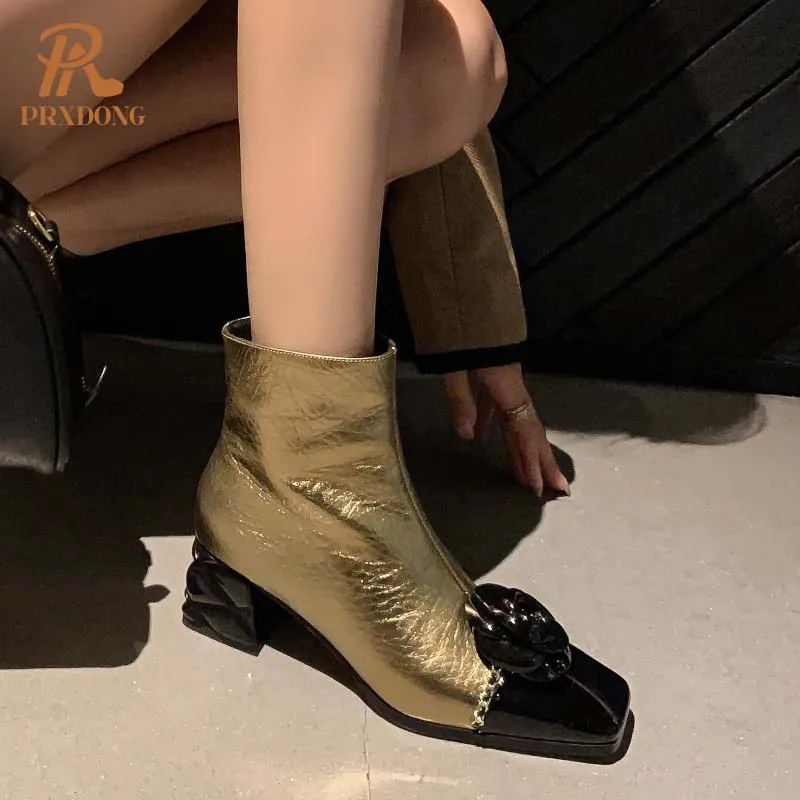 PRXDONG INS 2024 Nowa moda Jesień Zima Ciepłe botki do kostki Chunky High Heel Square Toe Gold Black Zipper Dress Party Lady Shoes