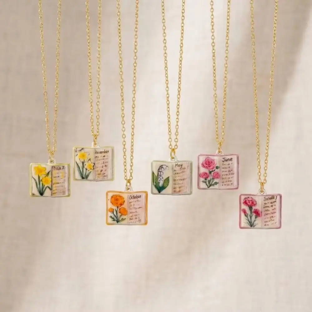 Antique Porcelain Book Pendant Necklace Copper Design Hand-painted Pendant Necklace Retro Style Vintage Style Book Necklace