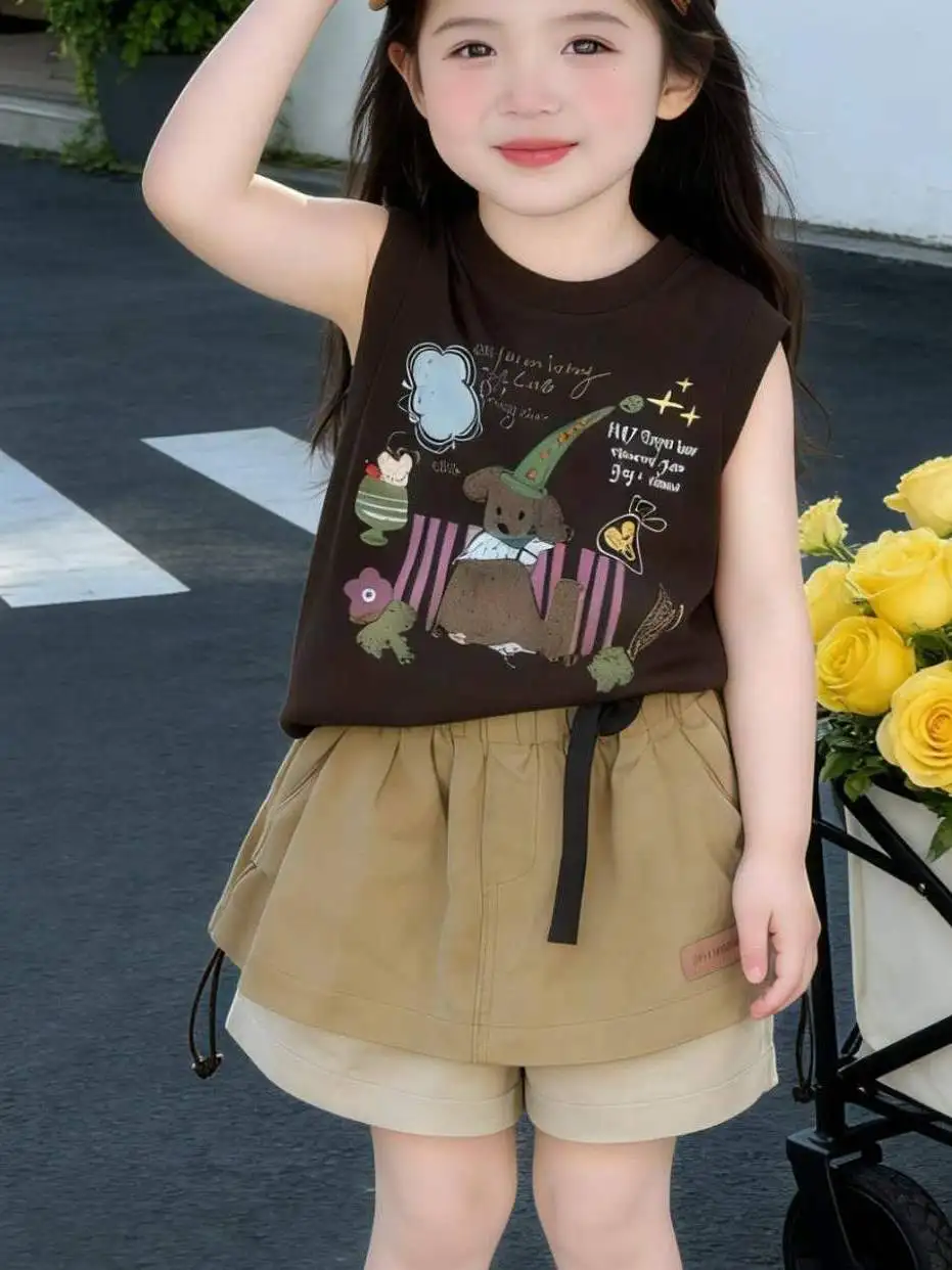女の子漫画プリントベストスカートセット夏の新スタイルカジュアルツーピースかわいい子供服軽量快適な子供服