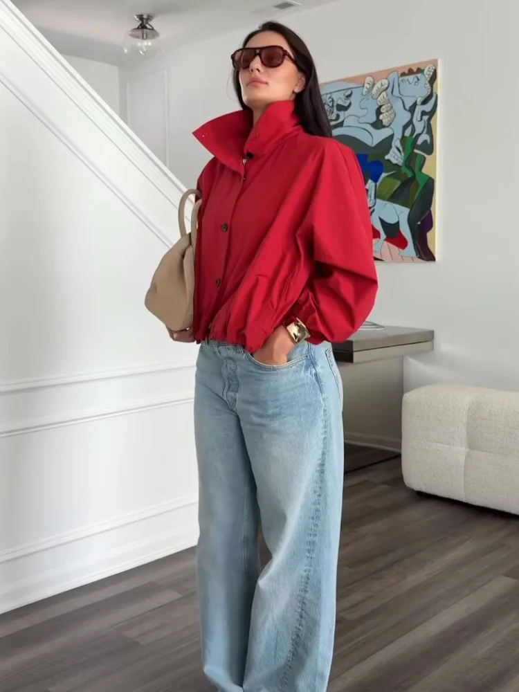 2025 Lady Single Breasted Chic Outerwear Autumn Red Long Sleeve Bomber Jacket For Women Street Turn Down Collar Zipper Coats