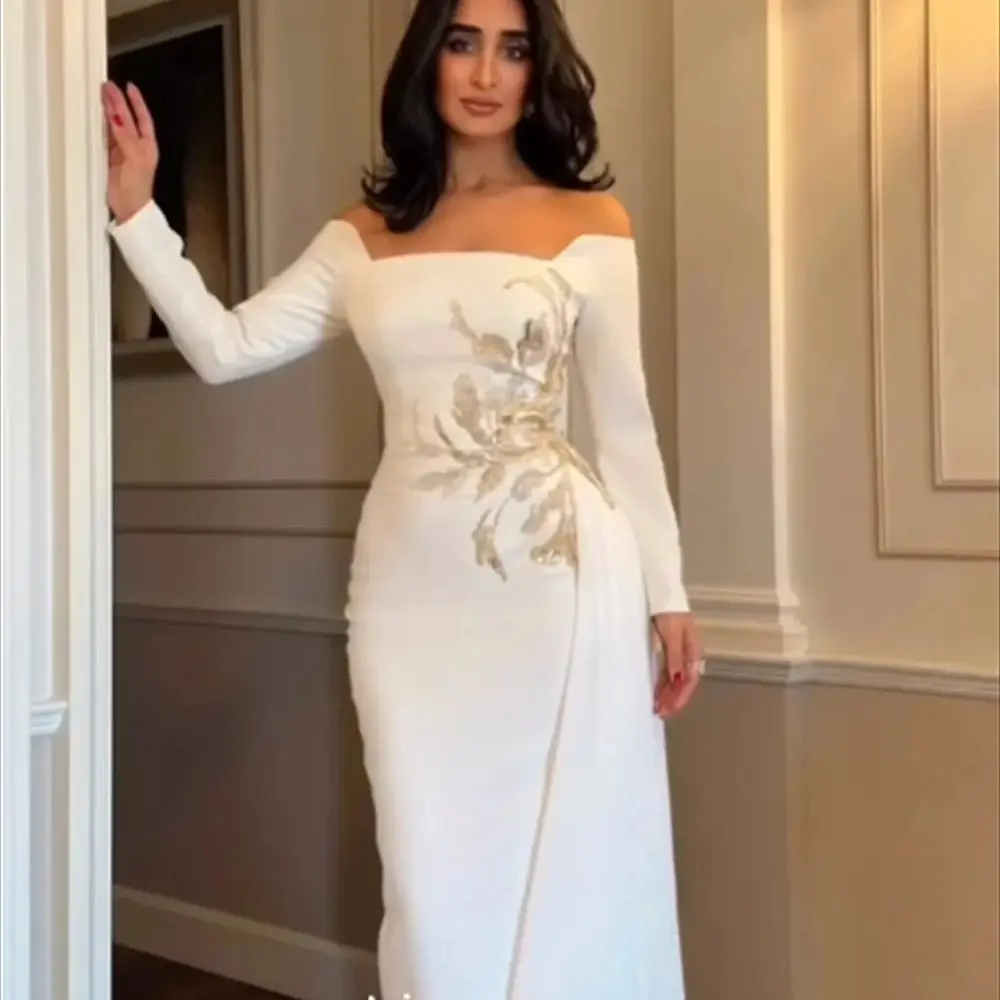 Elegant Evening Dresses For Women Party White Prom Dress Saudi Arabia Satin Beading A-line Off shoulder Bespoke Occasion Gown