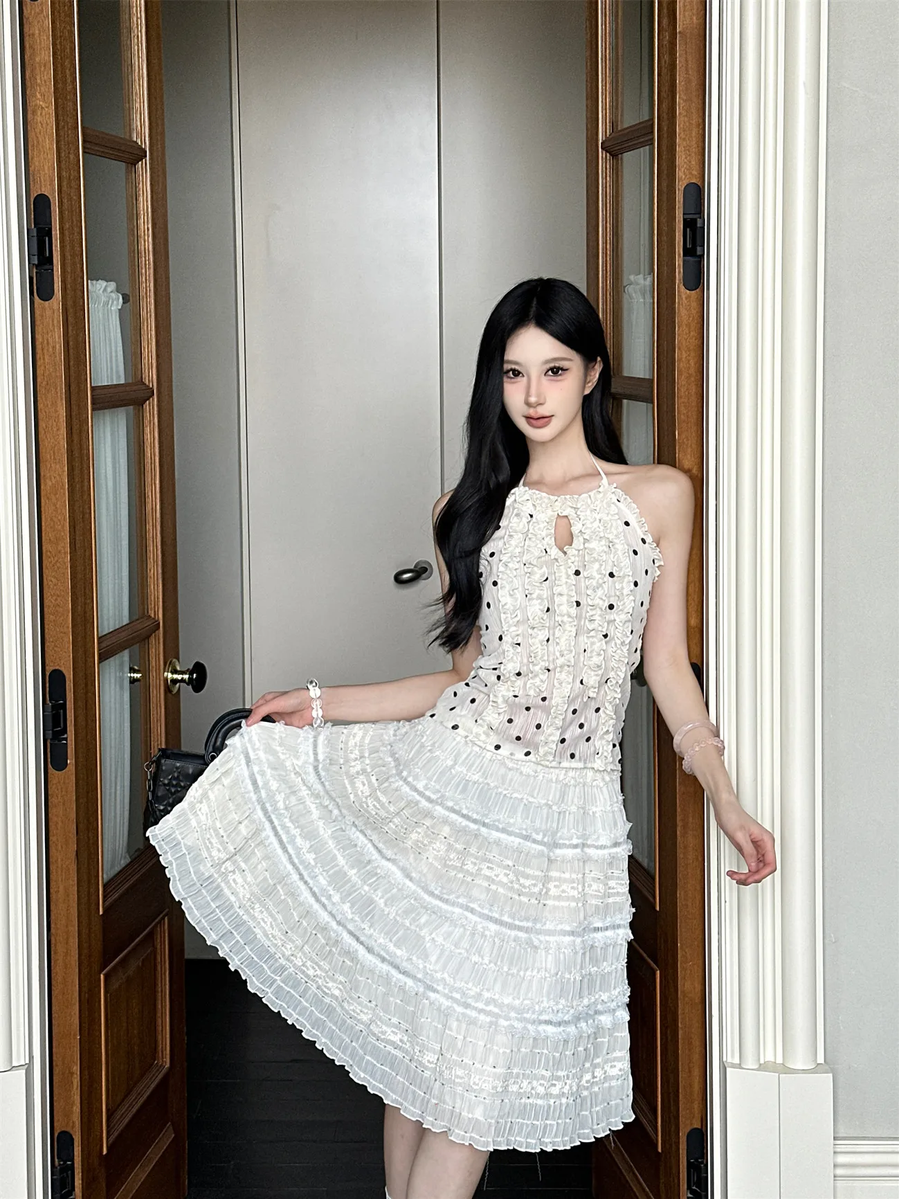 

Mipai Summer Vintage Polka Dot Ruffle Splicing Hollow out Neckline Vest Top Half Skirt Pants Set Women's Hanfu Ensemble