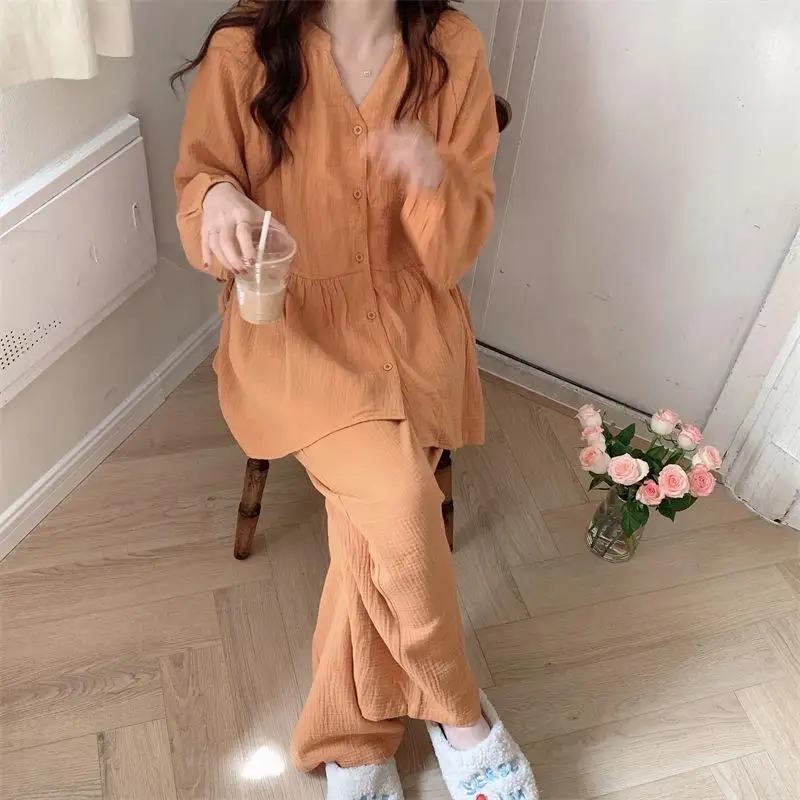 Orange Sleepwear Women Pajama Sets Korean Style Pants Sets for Women 2 Pieces Ruffles Night Wears Autumn V-neck Button Home Suit