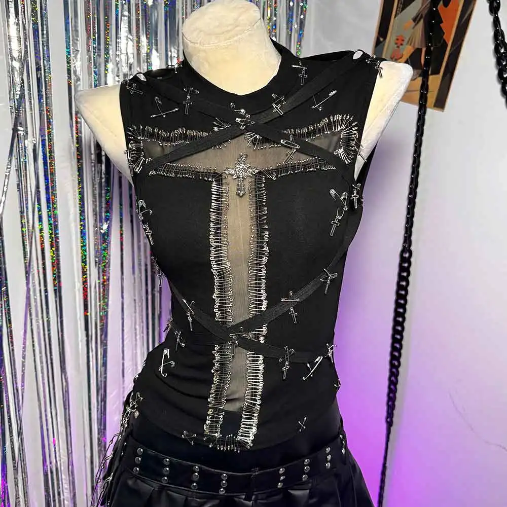 

E-Girls Harajuku Teen Gothic Tank Goth Eco Vintage Cross Grunge Y2K TOPS Клубная одежда Pin Street Wear Glitch Core 90s Emo Punk Rock