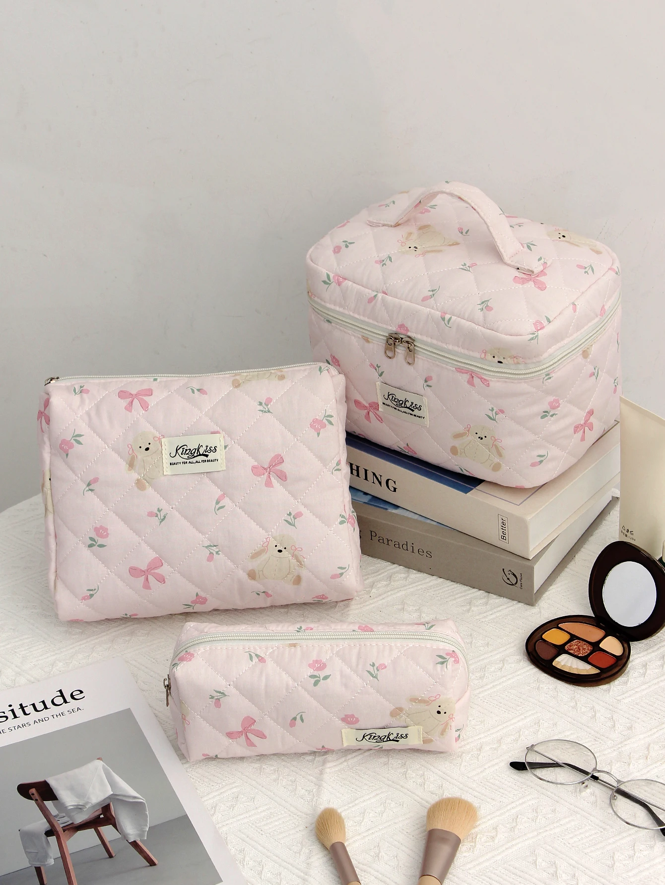 1pc/set Bow Quilted Makeup Bag, Bathroom Storage Makeup Bag, Travel Essential Makeup Bag, Cute Bow Makeup Bag