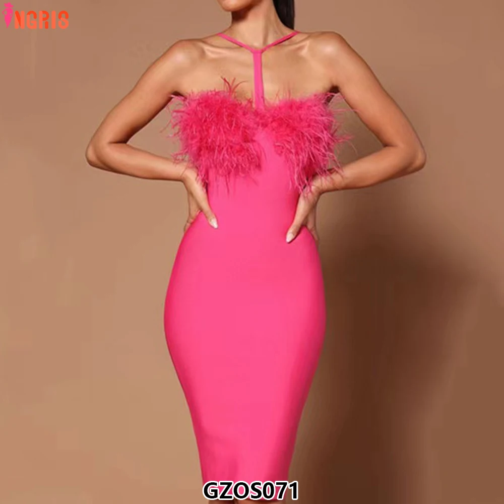 

High-end Evening Prom Dresses Women Summer New Ostrich Hair Ladies Bandage Fashion Halter Feather Party Dress-GZOS071