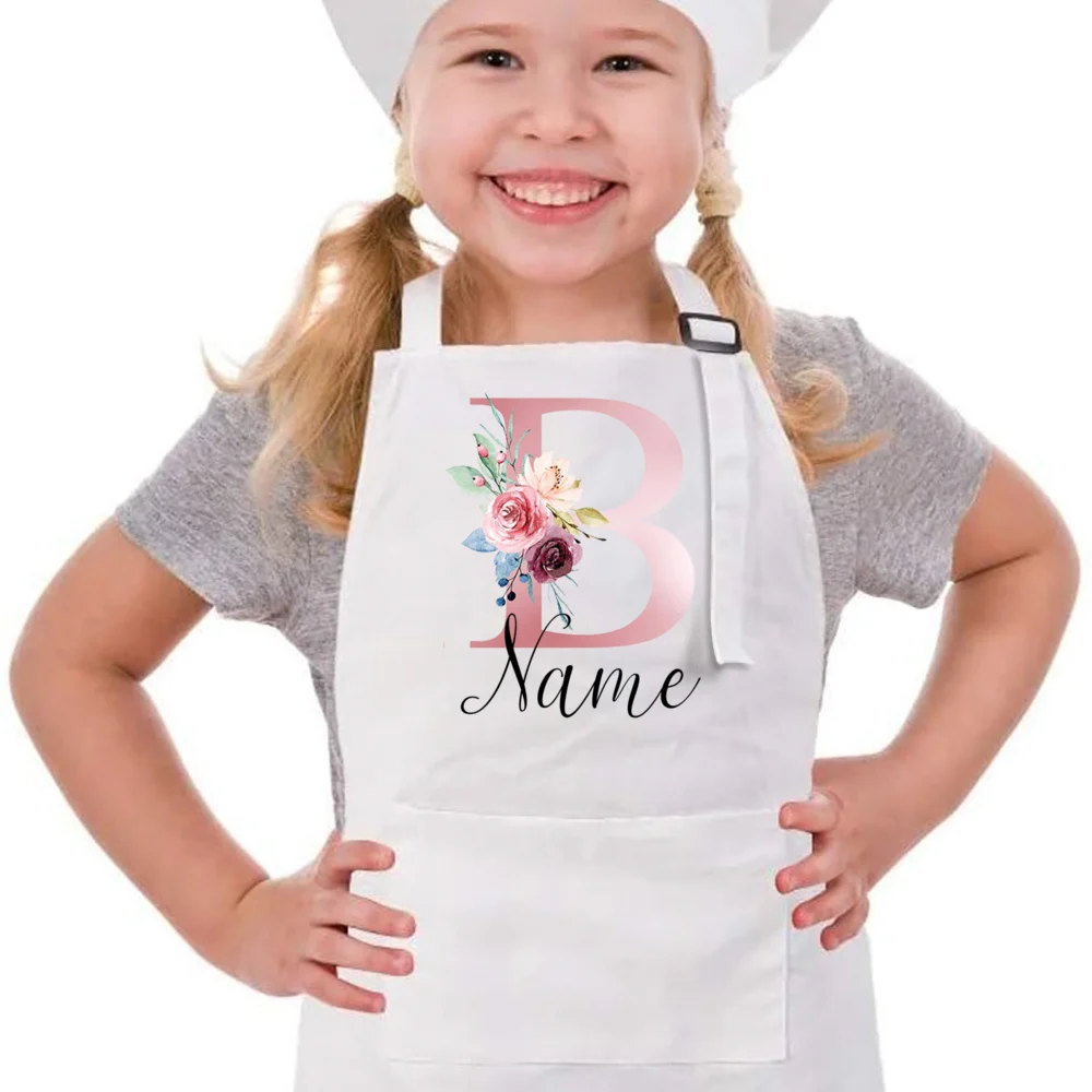 Personalized Kids Apron Cooking Kitchen Apron Pink Flower Initial and Name Apron for Children Custom Girls Cooking Apron Gift