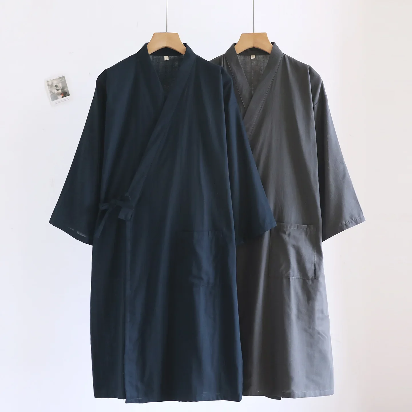 

Spring and Summer Thin Cotton Bathrobes for Men Mid-long Yukata Cardigan Lace Up Large Size Robes with Pocket for Men