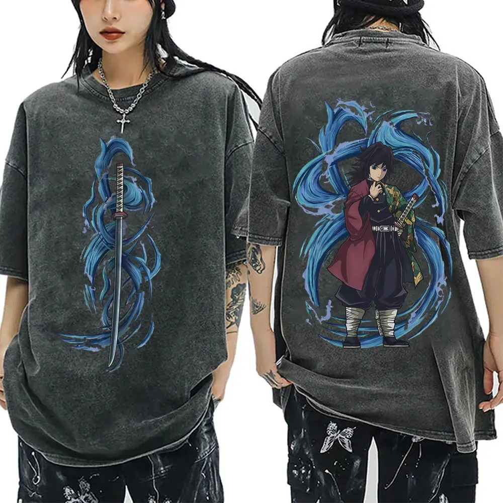 

Washed Vintage Anime Demon Slayer T-shirts Water Hashira Tomioka Giyuu Graphic T Shirt Men Women Cartoon Manga Oversized T-shirt
