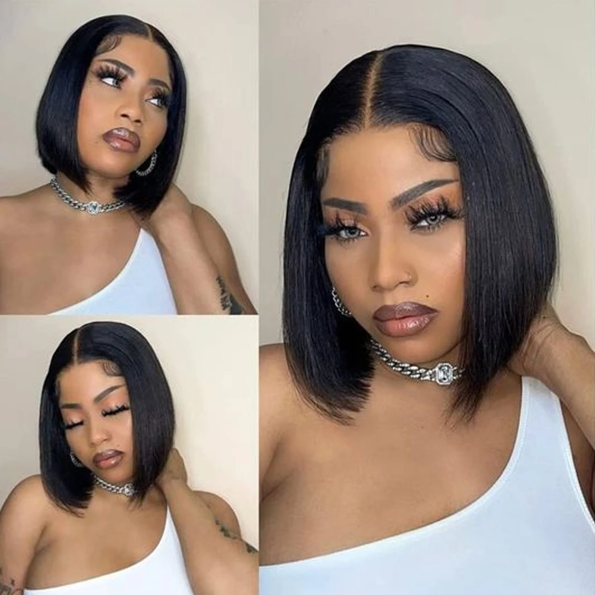

#1B Bob Straight Human Hair Lace Frontal Wigs Bob Wig With Bangs 180%Density Straight Short Bob Wigs For Women Natural Black