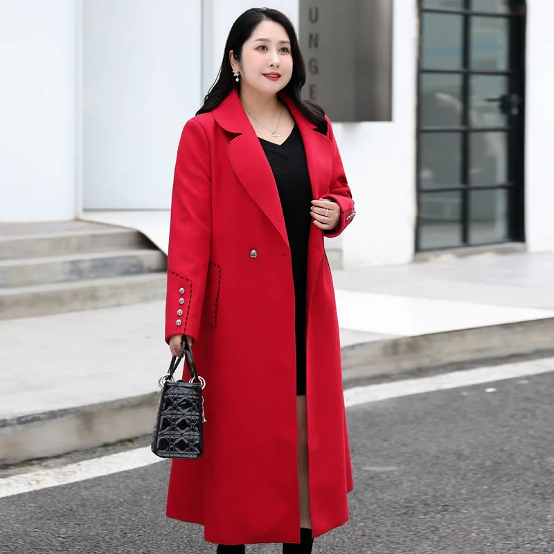 Plus Size 8XL Women Long Sleeve Woolen Coat Lapel Solid Color Autumn Winter Long Jacket Coat Korean Long Cardigan 6XL 7XL 150KG